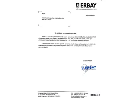 Erbay Soğutma İş Bitirme Belgesi